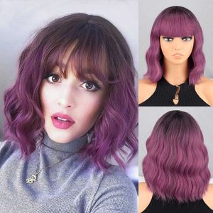 Lace Wigs Black Purple Ombre Brown Wave Bob Wigs Blond for Women Natural Bangs Heat Resistant Wavy Synthetic Wig Daily wear Cosplay Curly Z0613