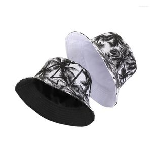 Basker unisex mode sommar reversibel svart vit kokosnöt träd tryckt fiskare mössor hink hip hop hat gorro pescador män kvinnor