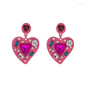 Dangle Earrings Exaggerated Style Pink Enameling Heart-Shaped Drop For Women Rose Triangle Glass Pendant Earring Fashion Jewelry