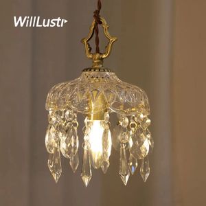 French Style Brass Pendant Lamp Retro K9 Crystal Suspension Light Porch Aisle Balcony Bedside Hallway Glass Ceiling Chandelier