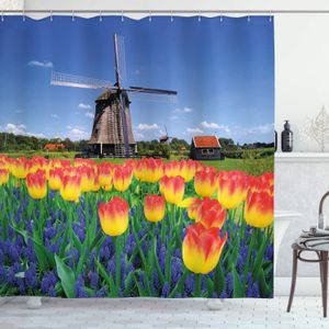 Curtains Landscape Shower Curtain Tulip Blooms with Classic Dutch Windmill Netherlands Countryside Spring Picture Bathroom Decor Set