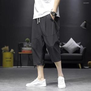 Calça Masculina Ice Silk Ultra Fina Capris Lanterna Solta Rabanete Harém Pant Masculino Estilo Chinês Calças Streetwear de Verão de Cor Sólida