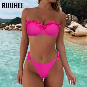 Women's Swimwear RUUHEE Bandeau Bikini Swimwear Women Swimsuit Sexy Ruffle Bikini Set Push Up Bathing Suit Female Brazilian Leopard Swimsuit 2023 Z0613