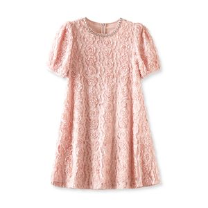 2023 الصيف الوردي الصلبة اللون 3D فستان زهور قصيرة الأكمام جولة الرقبة في الركبة بطول الفساتين العرضية W3L040205