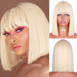 Lace Wigs Synthetic Blonde Wig with Bangs Short Wigs for Women Golden Wig Straight Bob Wig Natural Heat Resistant Wigs 11 Inches for Party Z0613