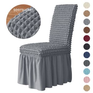 Stuhlhussen, 3D-Seersucker-Bezug, langer Rock für Esszimmer, Hochzeit, Bankett, Stretch-Spandex, Heimdekoration, hohe Rückenlehne, 230613