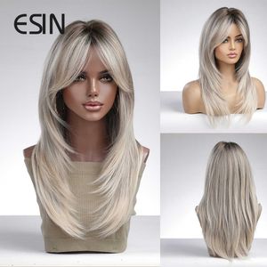 Lace Wigs ESIN Synthetic Wig Medium Ombre Dark Color to White Blonde Wigs for Women Ombre Layered Hair with Dark Roots Z0613