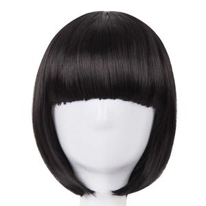 Spetsspår kort hår fei-show syntetisk värmebeständig fiber svart bob peruk med platta bangs modern show cosplay halloween carnival wigs z0613