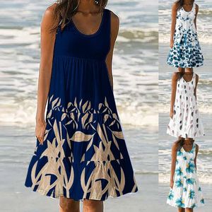 Lässige Kleider für Damen, Frühling, Sommer, täglich, Rundhalsausschnitt, ärmellos, bedruckt, Strand-Resort-Kleid, Teenager