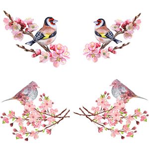 Three Ratels Q150 Bellissimo fiore di primavera dipinto a mano ad acquerello e adesivo da parete per uccelli decorazione domestica