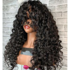 الباروكات الدانتيل الطبيعي الأسود 26 بوصة kinky curly آلة شعر مستعار مع الانفجارات للمرأة السود