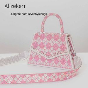 Totes Women Plaid Rhinestone Handväskor Designer Chic Crystal Shoulder Messenger Bags Ladies Boutique Trapezoid Clutch Purse Trending