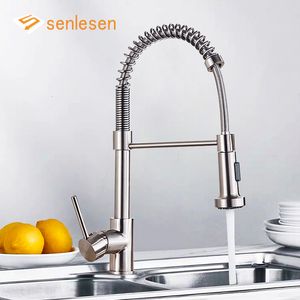 Bathroom Sink Faucets Senlesen Brushed Nickel Spring Kitchen Sink Faucet Double Modes Copper Rotatable Deck Mounted and Cold Water Mixer Tap Crane 230612