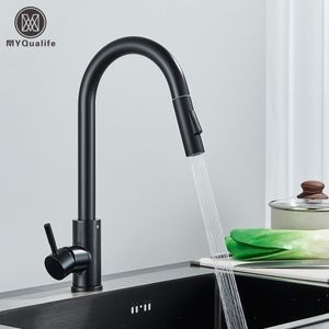 Bathroom Sink Faucets Black Kitchen Faucet Two Function Single Handle Pull Out Mixer and Cold Water Taps Deck Mounted 230612