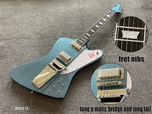 Electric Guitar Solid Blue Metalic Rosewood Finferboard With Fret Nibs Long Tail And Chrome Parts Whiter Pickguard 2 Mini Humbuc