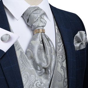 Blazers män passar väst silver paisley blommig siden bröllop väst män ascot slips ficka fyrkantig slips ring ärmlös jacka dibangu