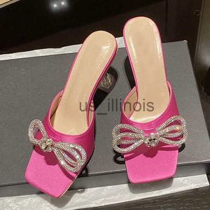 Terlik liyke pist tarzı parıltı rhinestones kadınlar şeffaf garip yüksek topuklu terlik kristal bowknot saten yaz sandalet ayakkabı j230613