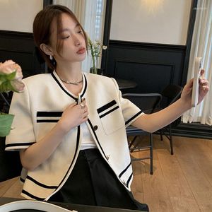 Women's Jackets Design Small Fragrant Contrast Color Short Sleeved Jacket Femme Jaquetas Black White Striped Coat Women Clothes Cardigan