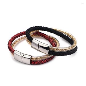 Link Bracelets Fashion Stainless Steel Magnetic Buckle Leather Rope Men's Bracelet Braided