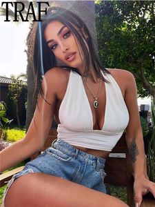 CAMIS Traf White Sexy Crop Top Kobiety plisowane satynowe kantar Y2K Backless Tops Woman 2022 Związany plażowy różowy top na ramię