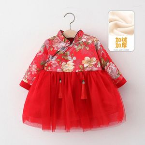 Abbigliamento etnico Inverno Anno cinese Per ragazze Abito addensato in velluto Cheongsam per bambini Hanfu Veil Princess Skirt Red Baby