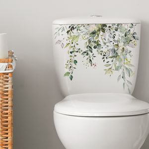 Creative Funny Toilet Lid Stickers Plants Flowers Leaves Self-adhesive Removable Wall Decals for Bathroom Decor, Green