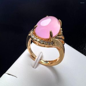 Bröllopsringar rosa agatfingerring charm enkel justerbar oval kopparsten med zirkon för kvinnor