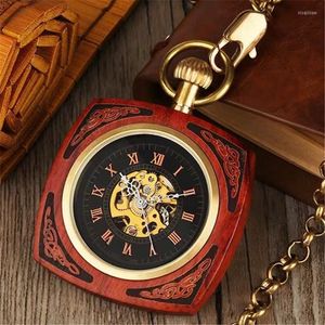 Orologi da taschino Orologio meccanico con quadrante a grana di legno intagliato quadrato in palissandro scoperto con bordo dritto personalizzato per persone care e anziani