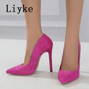 Liyke Summer Elegant Party Wedding Banquete Shoes Crystal Suede High Heals Fashion Rhinestones Women Pumps Pointed Toe Stiletto