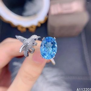Cluster Rings Jóias finas Prata esterlina 925 incrustado com pedras preciosas naturais Pássaro elegante Topázio azul Estilo OL feminino Suporte de anel aberto