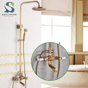 Bathroom Shower Heads 8" Brass Antique Bathroom Shower Faucet Set Wall Mount Dual Handle Handshower Shelf Cold Systems Mixer rain Shower System 230612