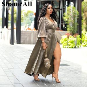 Plus size klänning plus långärmad v hals hög slits maxi prom klänning 3xl metall fransk wrap elegant kvällsfest mantel vestido 230613