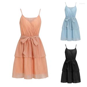 Casual Dresses Womens Elegant Spaghetti Strap V-Neck Solid Belted Pleated Tiered Flowy Dress