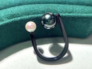 Anelli a grappolo Elegante 6-10mm South Sea Round White Black Pearl Ring 925s Sterling Silver 925 Wedding Jewelry