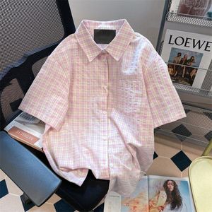 Kvinnors blusar ebaihui kvinnor sommar rutiga skjortor rosa rutiga japanska casual wear blus singel breasted girly sweety kort ärmskjorta skjorta