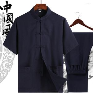 Abbigliamento etnico 11 colori Vintage Cotton Linen Tang Suit Uomo Costumi tradizionali cinesi 2023 Summer Wushu Uniform Oriental Camicie Pantaloni