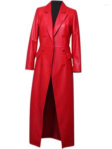 Trench coat da donna in pelle primavera autunno extra lungo rosso morbido finto per donna doppio petto lusso elegante moda britannica