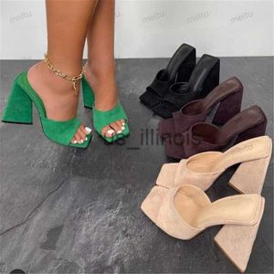 Slippers 2023 Women Designer 11cm High Heels Slides Mules Summer Thick Block Heels Sandals Slingback Flock Slippers Luxury Chunky Shoes J230613