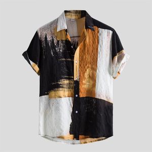 Männer Casual Hemden Farbblock Amerikanischen Stil Vintage Hemd Revers Kragen männer Kurze Camisas Hombre Streetwear Alltagskleidung Blusas 2023