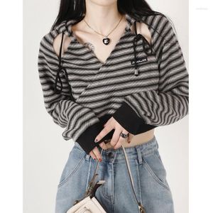 Women's Hoodies 2023 Spring Stripe Long Sleeve Women Hollow Out V-neck Cotton Streetwear Patchwork Pullover Chic Sweatshirt Ropa Mujer