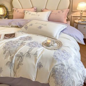 Conjuntos de roupa de cama de algodão de alta qualidade, capa de edredom macia, capa de lençol plana, bordado de flores, tamanho King Queen 200230 220240cm Z0612