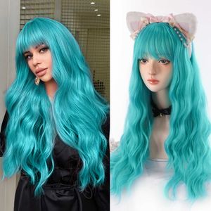 Lace Wigs LVHAN Long Water Wave Wig Red Green Cosplay Curls with Bangs Heat Resistant Synthetic Hair for African American Halloween Party Z0613