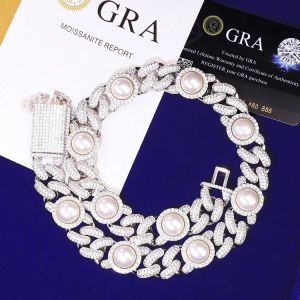 Colar elegante de joias de design com 17 mm de largura, pérola de água doce, prata esterlina, corrente de moissanita gelada VVS
