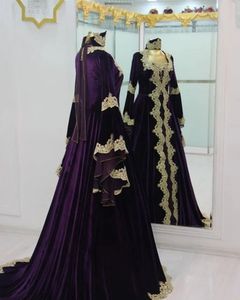 Marokański kaftan fioletowe sukienki wieczorowe Flare rękawy długie aksamit arabskie Dubai Abaya Sukni