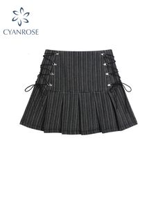 Skirts Y2k Pleated Skirt Women Sexy High Waist Grey Stripe Bandage Mini Skirts Summer A Line Skirt Vintage Harajuku Streetwar 230612