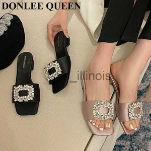 Slippers Elegant Jewel Slides Women Shoes Open Toe Flat Heels Slip On Mules Crystal Slippers Brand Rhinestone Square Buckle Sandals Mujer J230613