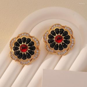 Hoop Earrings French Vintage Fashion Black Agate Enemal Flower Gems Rhinestone Ear Studs Flora CZ Earring Zircon Jewelry Wholesale