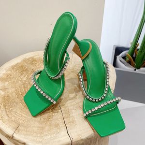 Liyke Green Strange High Heels Slipper For Women Summer Fashion Crystal smal band Square Toe Slides Stripper Party Sandas Shoe