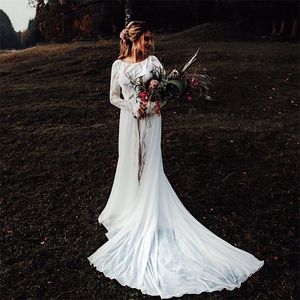Chic Crochet Lace Bohemian Wedding Dress 2023 Elegant Chiffon Long Sleeve Boho White Rustic Country Bride Dress Civil Bridal Vestidos de Novia Hippie Robes Mariee