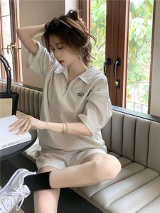 Women's Two Piece Pants Summer Solid Polo Shirt Shorts Suit Women Short Sleeve Clothes Turn Down Collar Tops Pants Matching Set Female Sportswear Outfit 230612